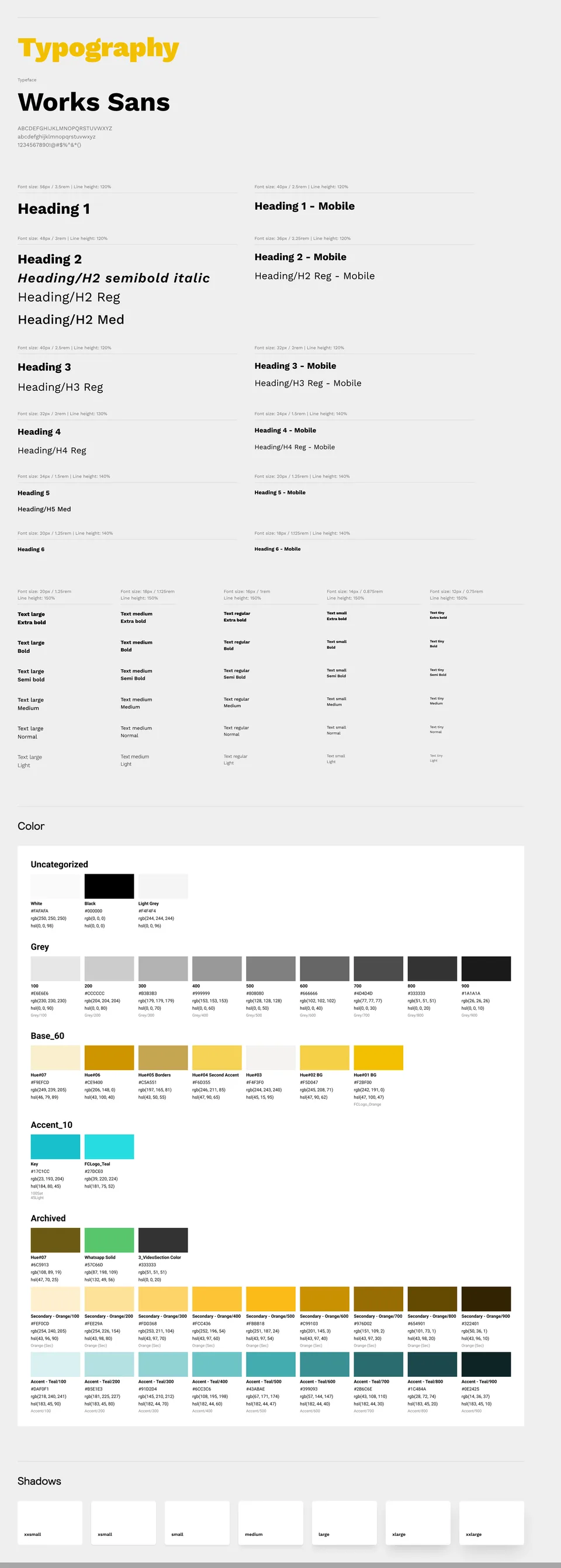 Fresh Cars Figma style guide showing desktop and mobile typography, yellow and teal colour scales, greys and shadow styles