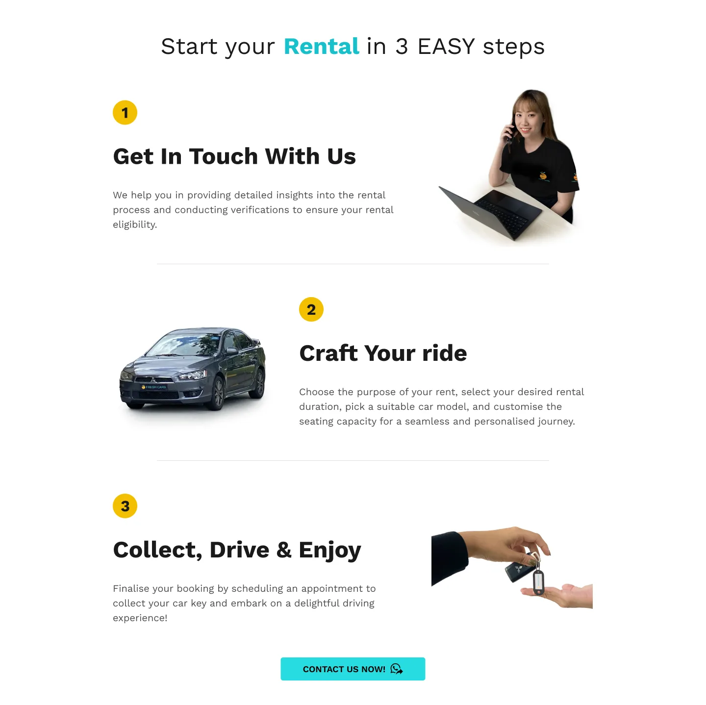 Three-step rental journey in the 2023 prototype: Get In Touch With Us, Craft Your Ride, and Collect, Drive and Enjoy