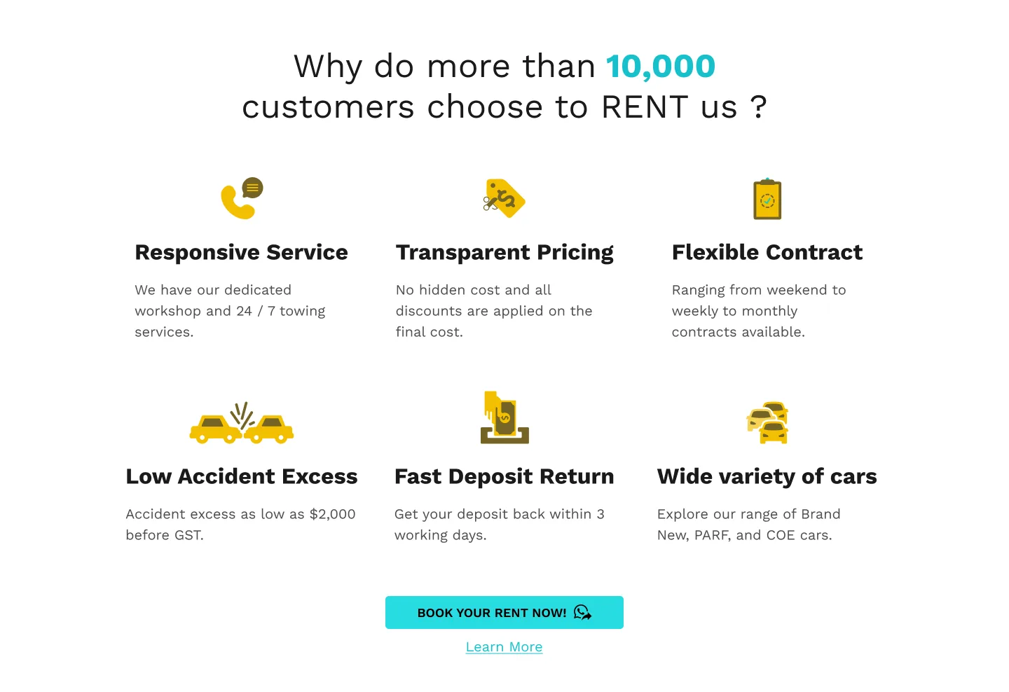 Fresh Cars prototype showing six service benefits and a WhatsApp booking call to action