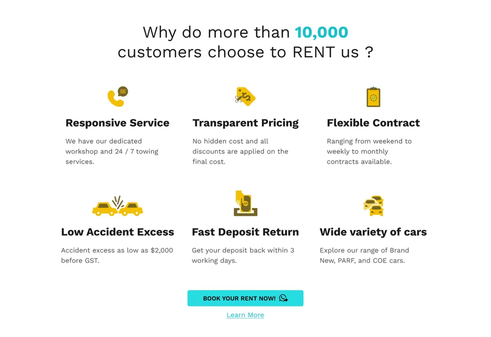 Fresh Cars prototype showing six service benefits and a WhatsApp booking call to action